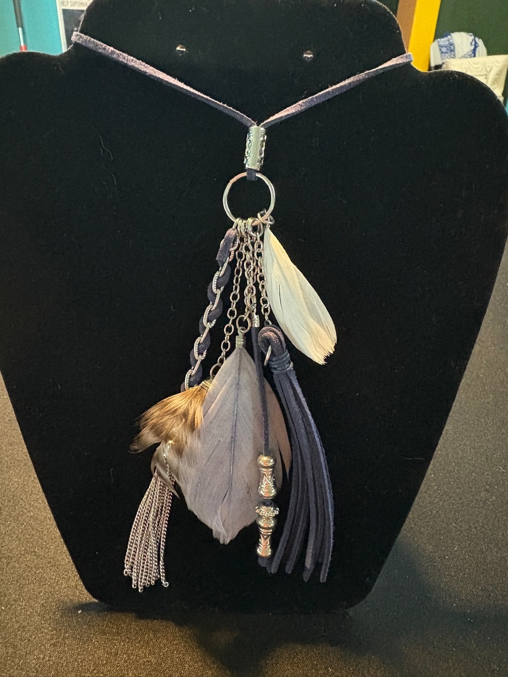 Boho Feather Tassel Pendant Necklace - Black